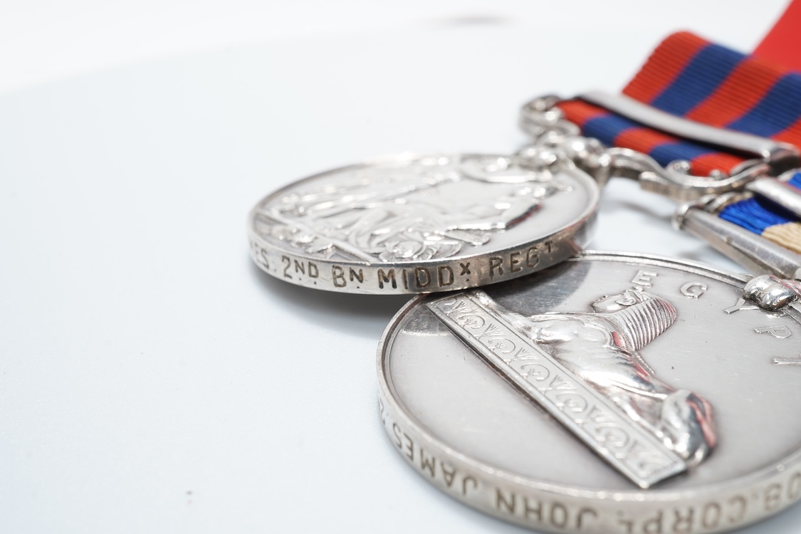A Victoria military medal pair, awarded to 1408. Sergt. John James. 2nd. Battalion Middlesex Regiment., comprising of the India General Service medal with a clasp for Hazara 1891, together with an Egypt medal with clasps